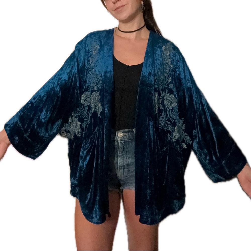 Gorgeous blue velvet kimono jacket with silver floral embroidery